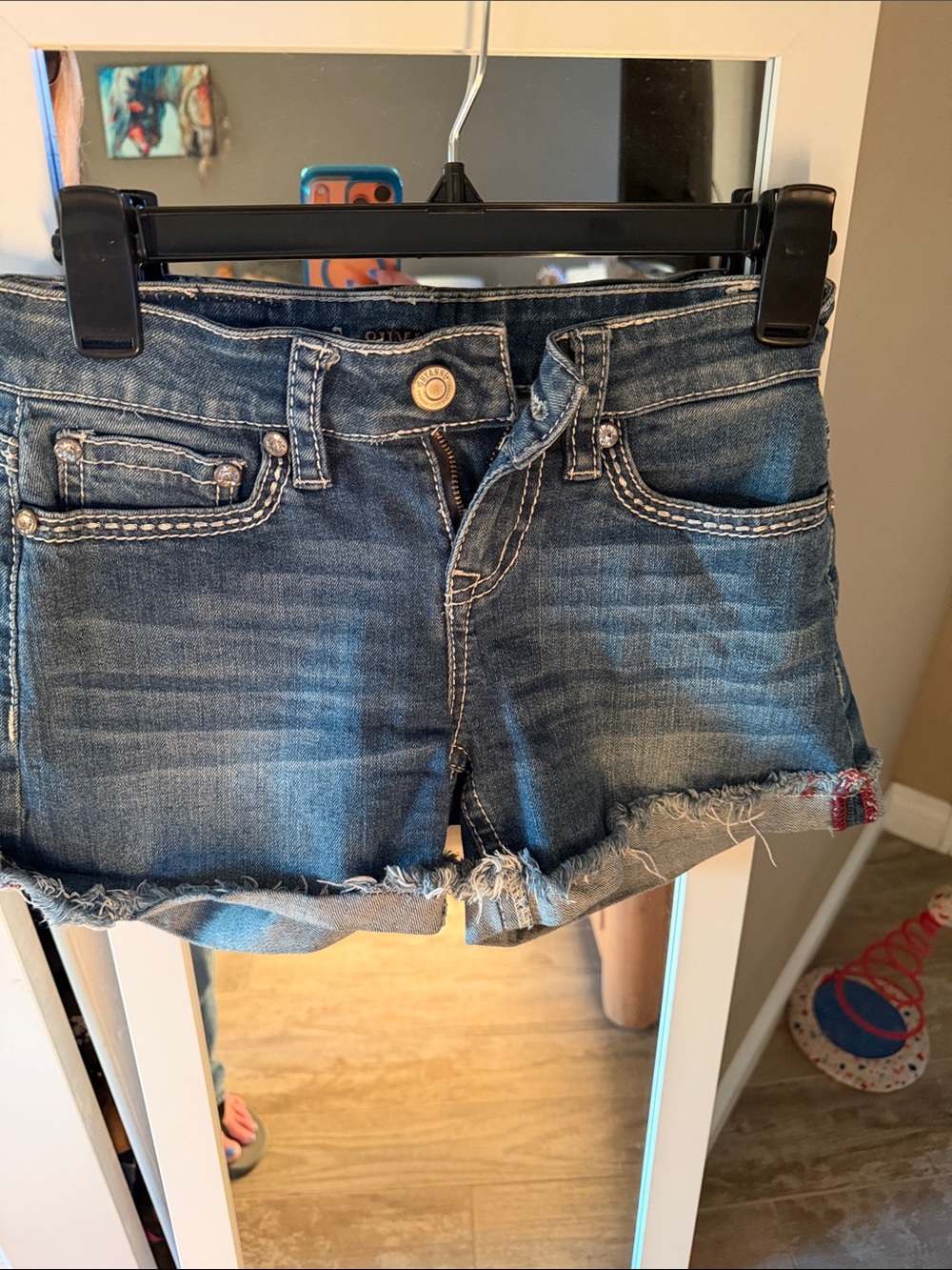 Shyanne Distressed Blue Denim Shorts with Red & White Pocket Flags